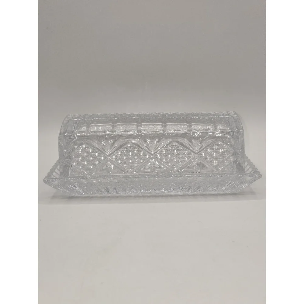 Vintage Pressed Glass Butter Dish Clear Glass Covered Dish Starburst Diamond Cut